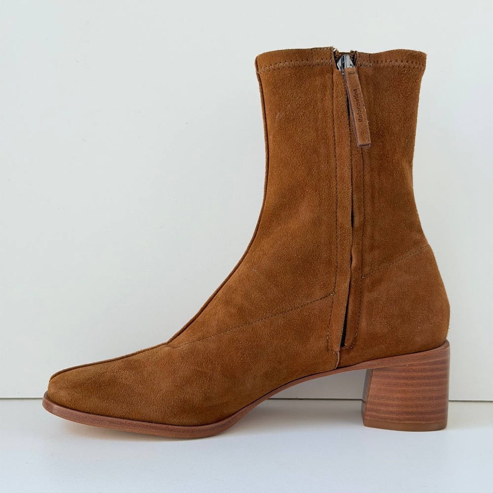 Reformation Louie Stretch Sock Boot Women 8.5 Brown Suede Square Toe Block Heel - Picture 5 of 13